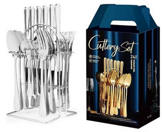Juego de cubiertos set 24 piezas acero inoxidable con base